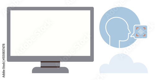 Monitor alongside human profile with speech recognition bubble and cloud connectivity. Ideal for user interface, voice technology, AI, speech processing, cloud computing, data transfer, simple flat
