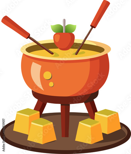 Flat illustration of a cheese fondue pot with bread cubes and fruit skewers with white background .