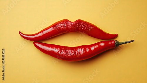 Red chili peppers arranged as a kiss on a mustard yellow background