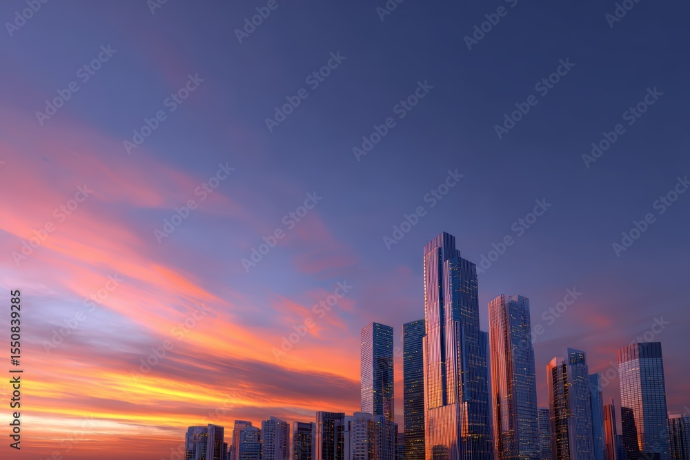 Fototapeta premium Cityscape with skyscrapers reflecting colorful sunset sky