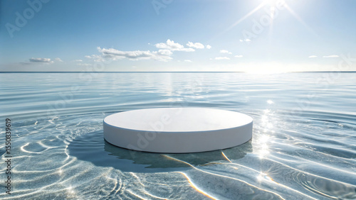 Clean White Podium Floating on Sunlit Clear Water Surface