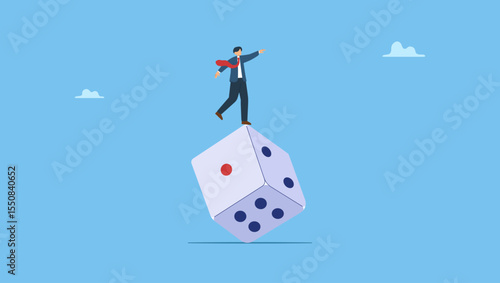 Vector illustration of investor trying to balance himself on spinning unstable dice. Investment risk, stock trader, gambling, uncertainty, possibility of losing money or make a profit from investment.