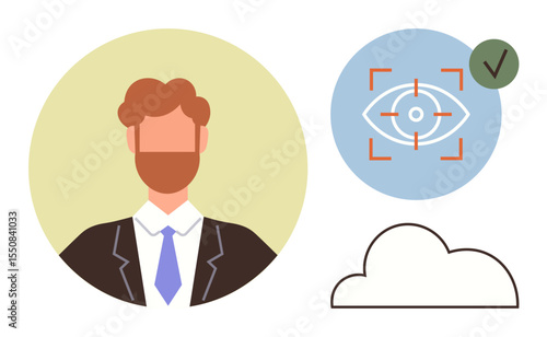 Bearded man in a suit in profile circle, eye recognition icon with checkmark, and cloud graphic. Ideal for identity verification, biometrics, cloud technology, security, modern business, data access
