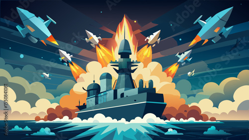 Modern rocket assault from a naval warship, with multiple missiles in the sky and ocean mist reflecting firelight, vector scene
