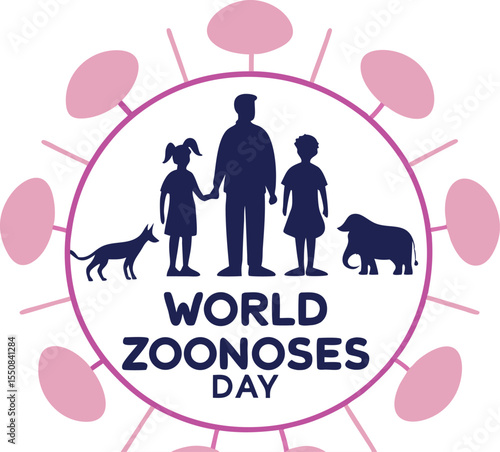 World zoonoses day illustration depicting family and animals silhouette in symbolic design