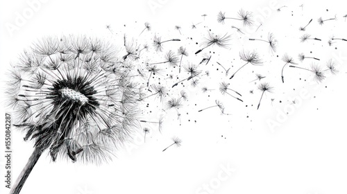 A grayscale dandelion seed head with seeds dispersing