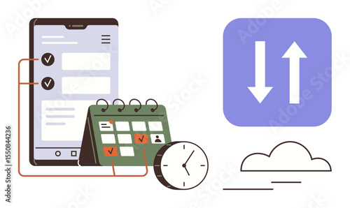 Mobile app displaying tasks connects with a calendar, clock, and cloud sync icon. Ideal for productivity, time management, scheduling, planning, organization cloud storage digital tools. Simple