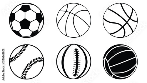 Collection of simple black and white sport ball icons for various athletic activities