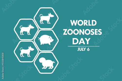 World zoonoses day illustration with silhouettes of animals in hexagon shapes on teal background