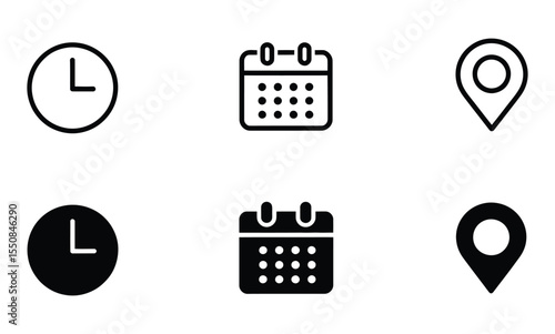 Simple Black and White Time, Calendar, and Location Icons for UI and Apps

