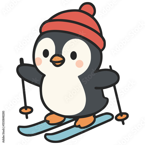 cute penguin playing ski flat color vector illustration template design