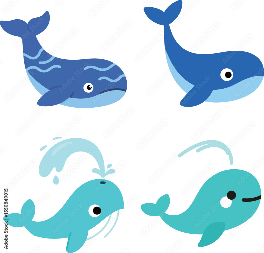 Obraz premium Cute Whales in Various Positions and Colors whale blue lightblue cartoon illustration sea ocean marine animal aquatic mammal friendly design art vector image graphic resource