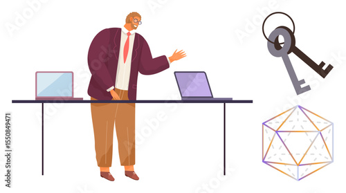 Business professional gesturing toward laptops on a table, highlighting ideas of security with keys and creativity with geometric shapes. Ideal for presentation, innovation, data analysis, security