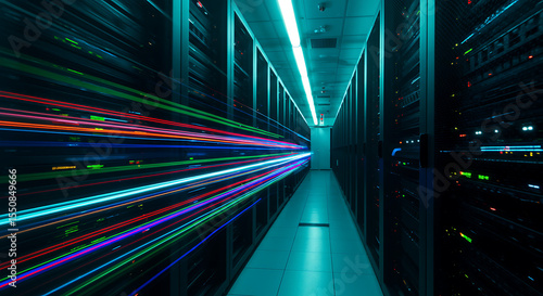 Data Center Highway: An illuminated data center hallway, with server racks, conveys rapid data transfer and technological progress. The image highlights the architecture, the futuristic glow.