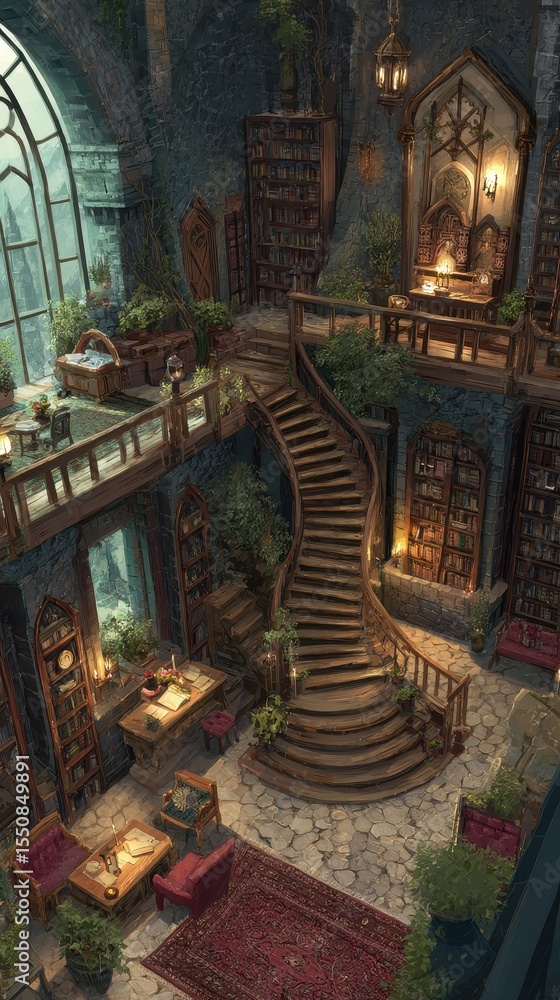 Obraz premium A grand, intricately detailed library with winding wooden stairs.