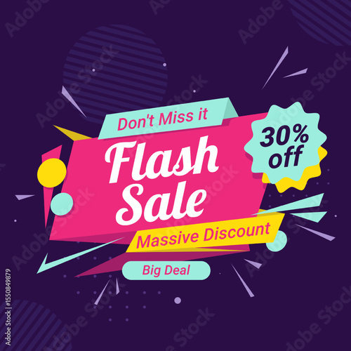 Amazing Flash Sale Banner with up to 30% off. Don't miss it. Shop Now. Flash Sales banner template design for social media and website ads. 30% off. Massive Discount.