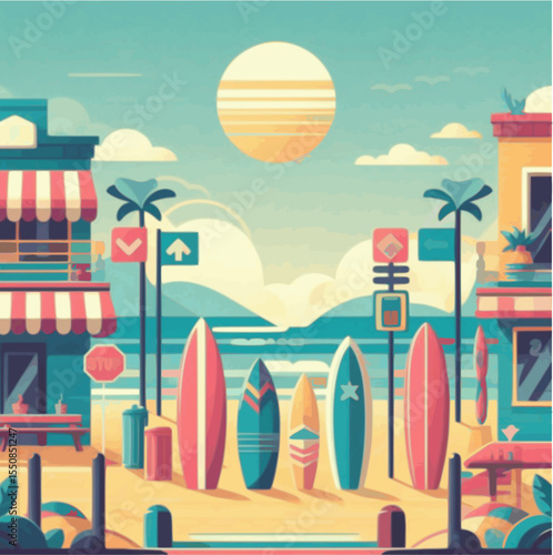 Flat design of beachfront sidewalk with surfboards and signs