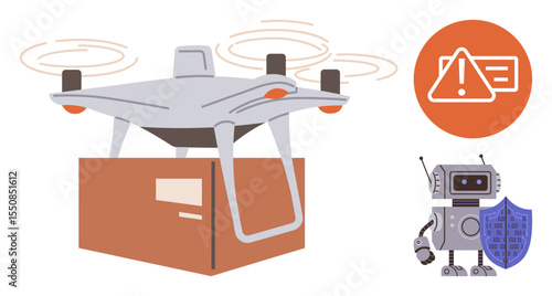 Drone in flight with package, warning alert, and shielded robot for technology, security, automation, logistics, AI, innovation and modern transportation. Ideal for simple flat metaphor