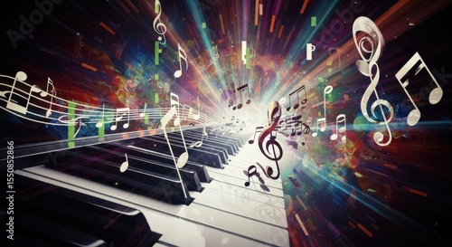 Captivating Symphony of Piano Keys and Vibrant Musical Notes Exploding with Color and Light