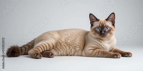 Elegant Balinese Cat Relaxing on White