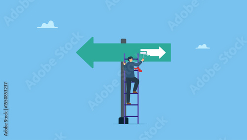Vector illustration of businessman businessman paint opposite direction arrow on arrow sign. Change to opposite direction, business decision to change for better opportunity, career path concept.