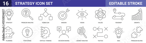 Set of 16 outline icons related to strategy. Linear icon collection. Editable stroke. Vector illustration. Icons are strategy, problem analysis, workflow, mission, vision, values, decision making, tac