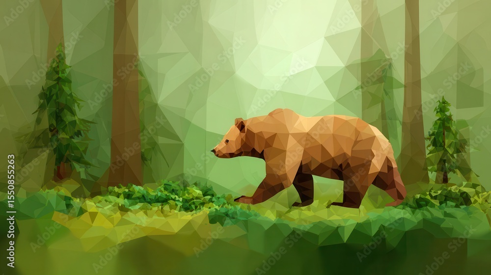 Naklejka premium Low-poly bear in a misty forest.