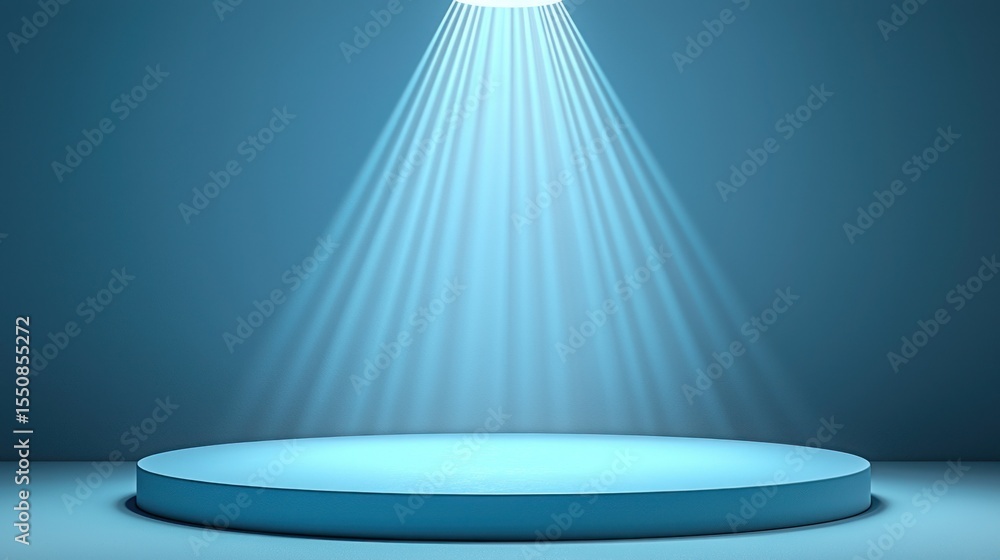 Obraz premium Empty blue circular stage lit by spotlight