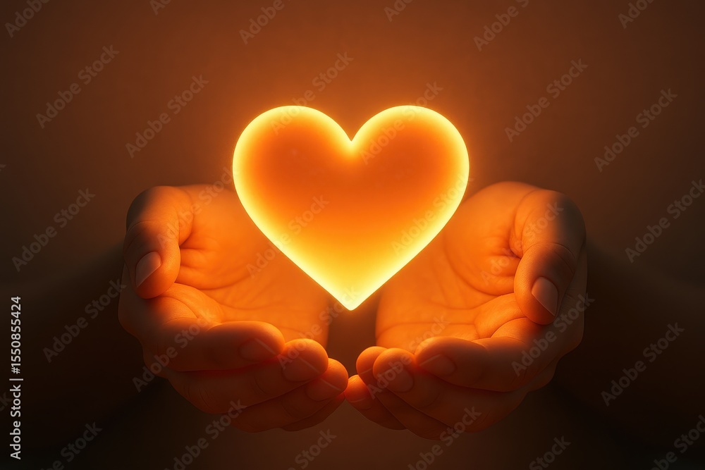Fototapeta premium Illuminated Human Heart Symbol Representing Love and Care in Protective Hands with Warm Golden Light