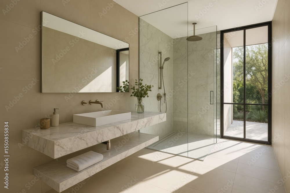Fototapeta premium Ultra-modern minimalist bathroom featuring floating vanity and seamless glass shower enclosure