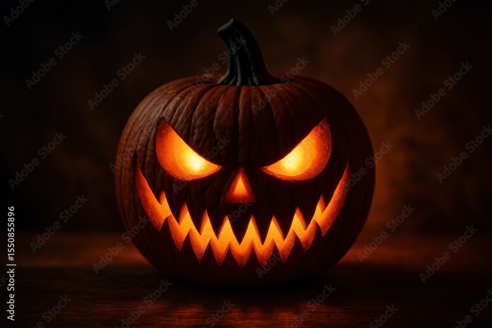 Fototapeta premium Menacing Halloween Jack-O'-Lantern with Glowing Eyes for Spooky Seasonal Decoration and Horror Themes