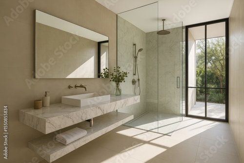 Ultra-modern minimalist bathroom featuring floating vanity and seamless glass shower enclosure