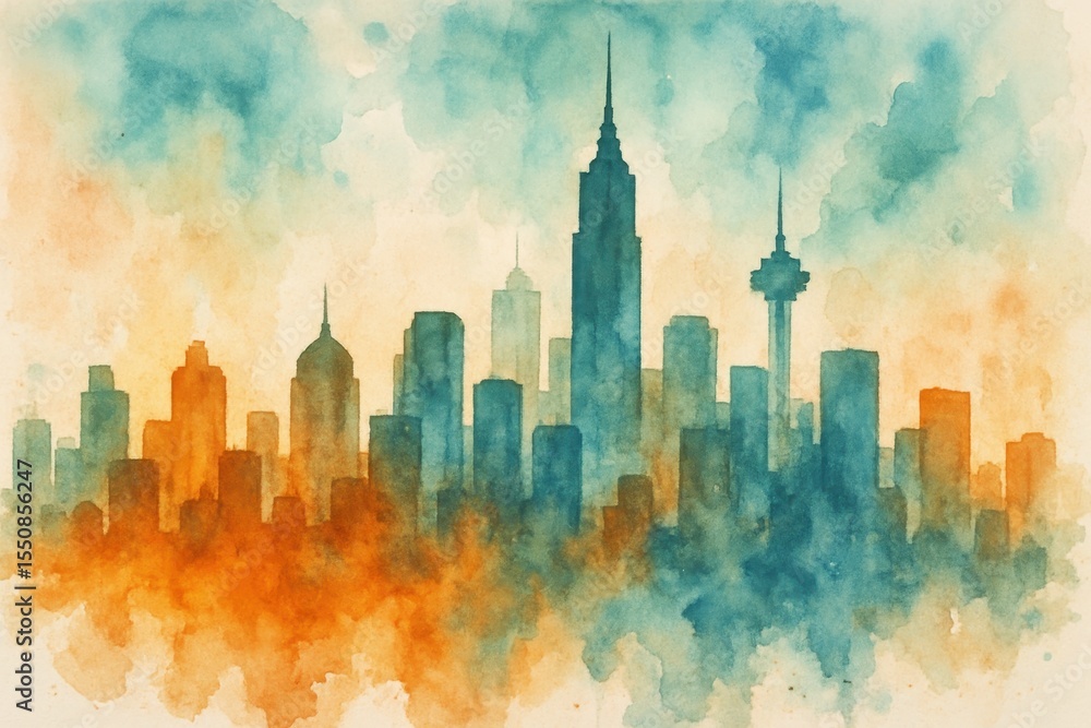 Obraz premium Abstract metropolitan skyline watercolor with vibrant orange and teal color scheme