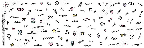 手書きの飾りイラストのベクターイラストセット。手描き、集中線、花、落書き、ハート、星