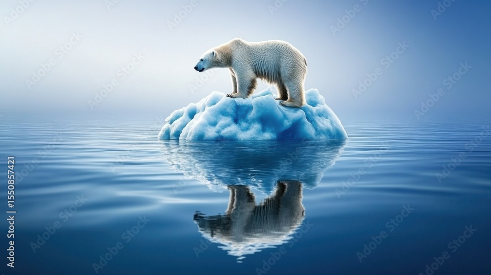 Naklejka premium A polar bear standing on a tiny melting iceberg, looking out into an endless ocean, symbolizing the effects of global warming,