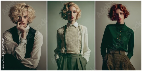 Vintage-inspired fashion portraits of individuals.