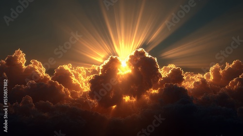 Fototapeta Naklejka Na Ścianę i Meble -  Dramatic sunset landscape with golden light explosion