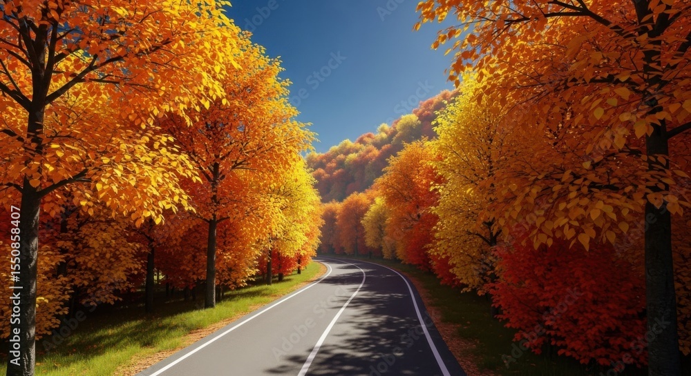 Fototapeta premium Vibrant Autumn Roadway Lined with Glowing Trees Under a Clear Blue Sky