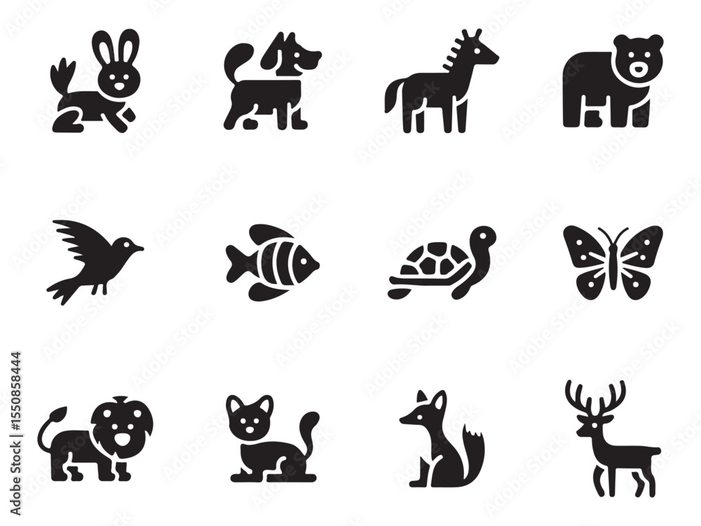 Fototapeta premium set features simple, black and white, flat icons of various animals, including a rabbit, dog, horse, bear, bird, fish, turtle, butterfly, lion, cat, fox, and deer vector art on white