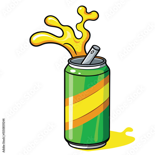 Cartoon vector illustration of a soda can with a bursting yellow liquid refreshing drink splash.