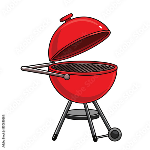 Vibrant red cartoon grill with open lid for summer barbecues and backyard gatherings