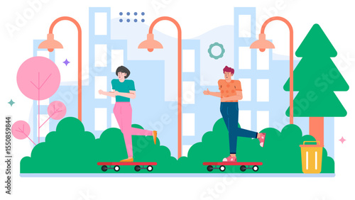 Two people skateboarding near city skyline and trees. Suitable for youth culture, urban lifestyle, sports and recreational activities themes.