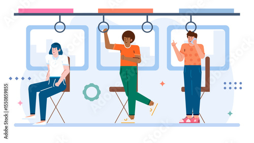 Three people ride a public transit vehicle holding onto straps. Suitable for transportation, urban, commute, transit, diversity, city life concepts.