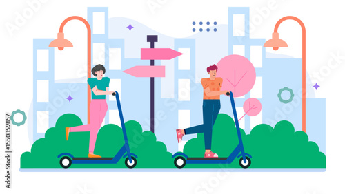 Two people zoom on blue scooters through a vibrant city park on a sunny day. Ideal for recreational and urban lifestyle concepts.