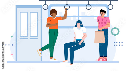 Three people on a bus, commuting in a city. Suitable for transportation, urban lifestyle, public transit, and commuter themed designs.