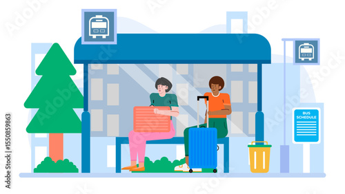 Two travelers wait patiently at a city bus stop with luggage. Suitable for travel blogs, transportation services, and urban lifestyles.