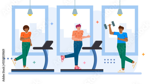 Three people at the gym on treadmills and dumbbells, perfect for fitness and gym related designs and advertising materials.