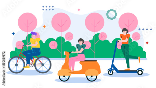 Three women having fun in a park, riding bikes, scooters, and a moped on a sunny day. Suitable for outdoor activity concepts.