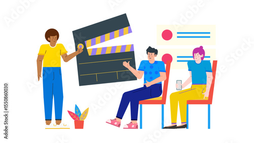 Illustration of three people discussing a large film clapperboard. Suitable for film production concepts and team collaboration designs.