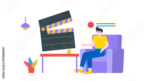 Man poses in a purple chair next to a movie clapboard. Perfect for film production, cinema industry, acting classes, or film review concepts.